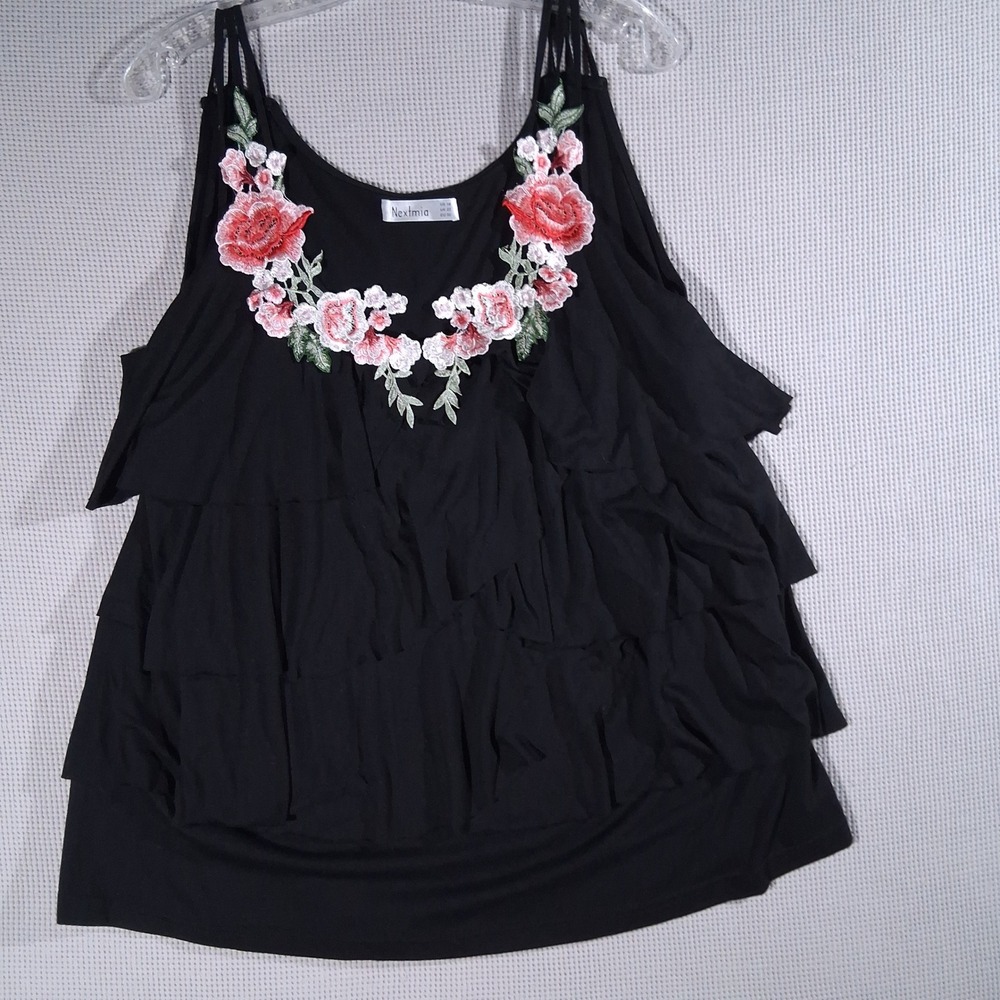 Nextmia Womens Black Floral Embroidered Tiered Ruffle Cold Shoulder Top Size 18